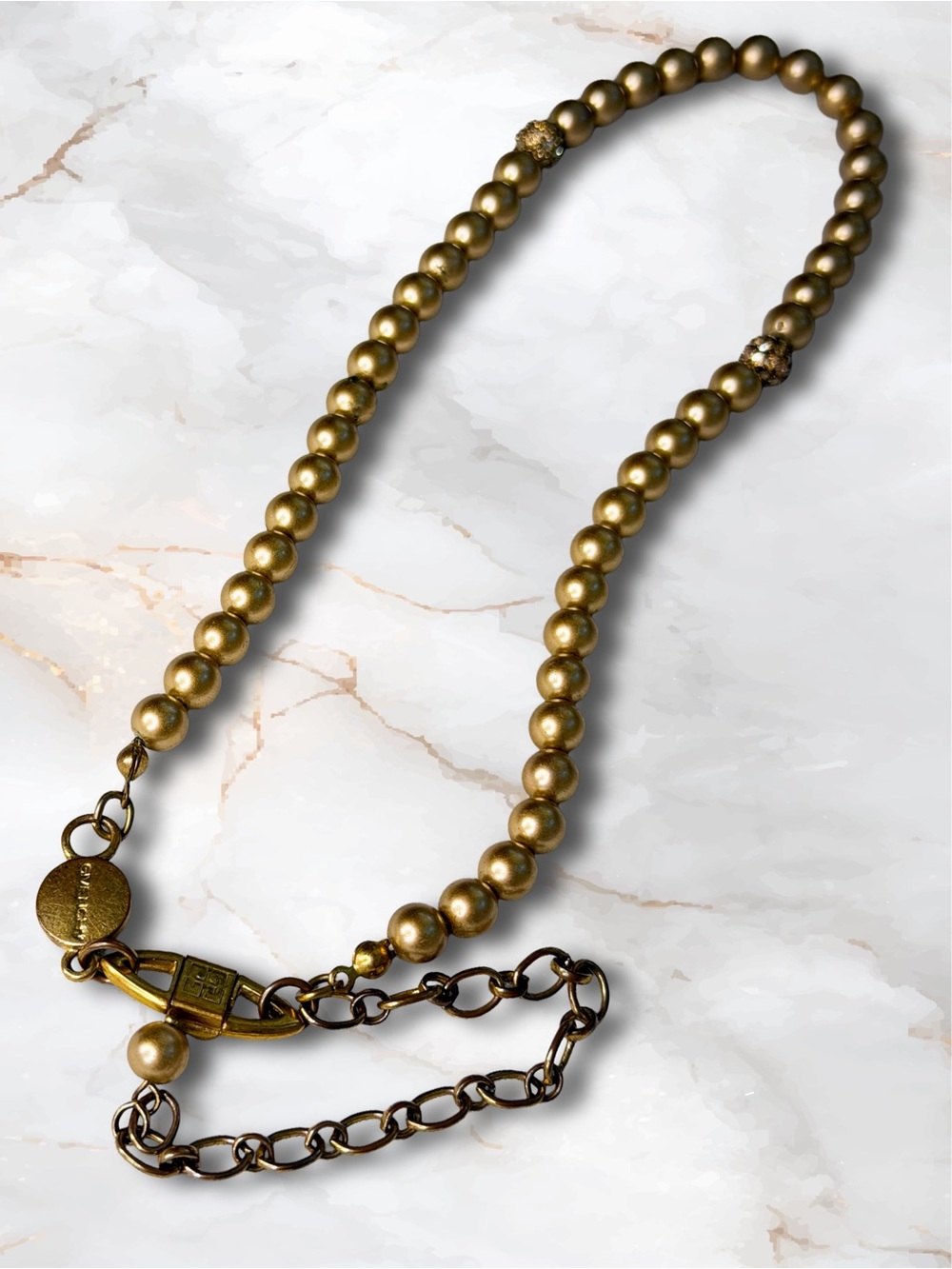 Vintage Givenchy Bronze Faux Pearl Choker Necklace Pavé Crystal Accents - Picture 15 of 17